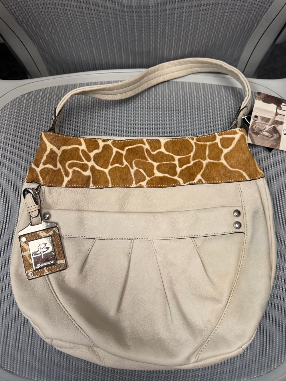 b. makowsky Cream Shoulder Bag with Tan Giraffe-Print Trim